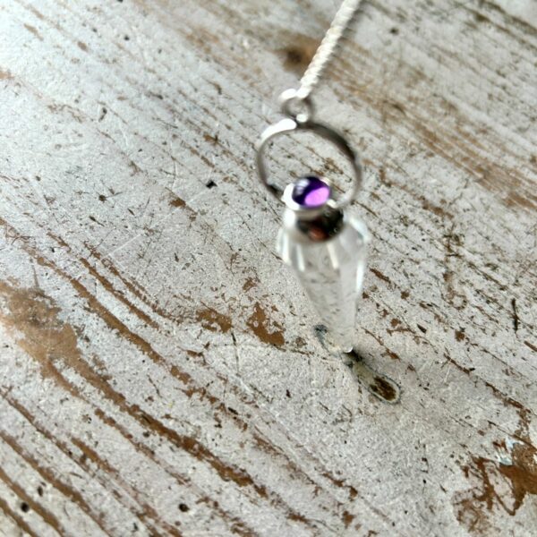 Pendule cône Cristal de roche Améthyste facetté - Boutique ésotérique La Porte des Secrets