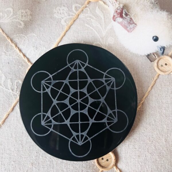 Miroir Obsidienne noire Mexique gravé cube de Métatron 7cm - Boutique La Porte des Secrets