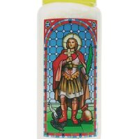 Bougie neuvaine vitrail Saint Expédit avec prière. Boutique ésotérique La Porte des Secrets