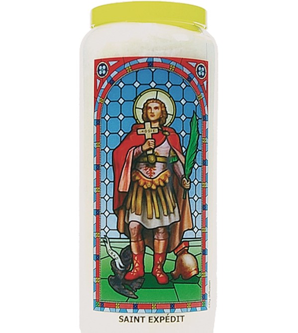 Bougie neuvaine vitrail Saint Expédit avec prière. Boutique ésotérique La Porte des Secrets