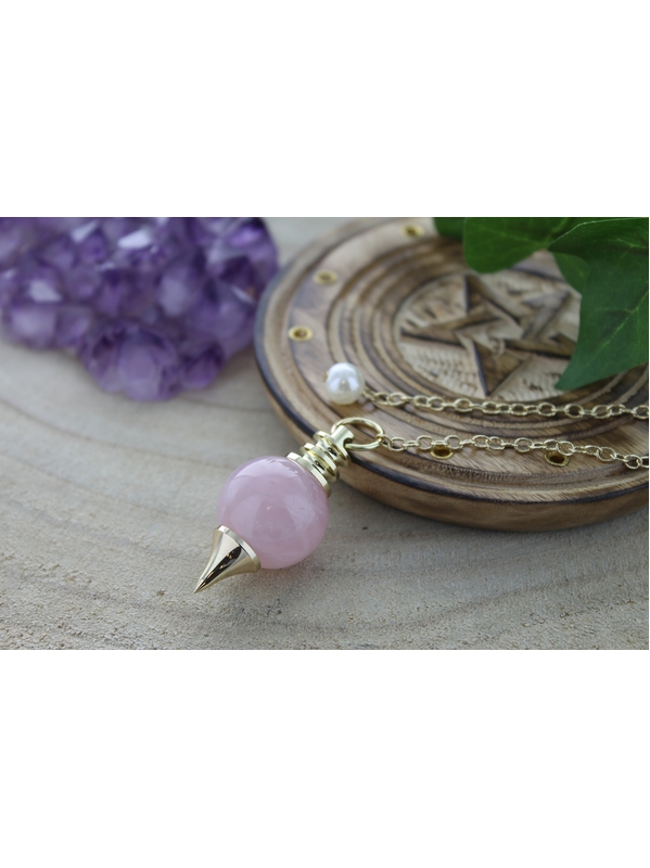 Pendule boule en quartz rose naturel métal doré- Boutique ésotérique La Porte des Secrets
