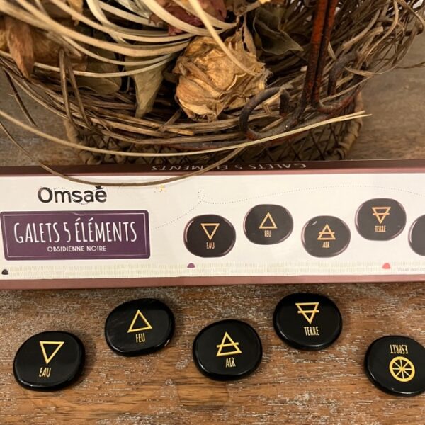 Galets 5 éléments Connexion à l'univers en obsidienne noire - coffret boite et pochon en coton - Boutique La Porte des Secrets