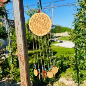 Mobile fleurs de vie et chakras en pierres - Feng-shui en bois MDF Wood. Boutique La Porte des Secrets