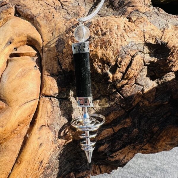Pendule 2 Parties - Tourmaline Noire, boule en cristal de roche Et Spirale Argentée - Boutique ésotérique La Porte des Secrets