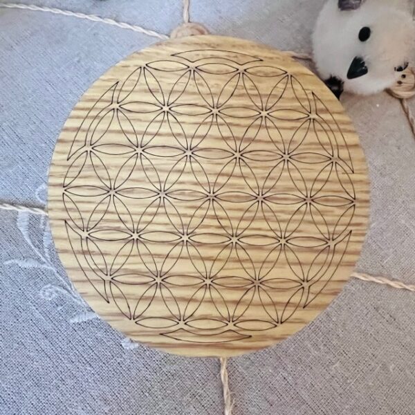 Disque fleur de vie sérigraphie sur bois et verni 10cm couleur miel et verni, 10cm- Boutique ésotérique La Porte des Secrets