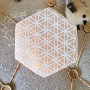 Fleur de vie en Sélénite orange forme hexagonale 10cm - Boutique La Porte des Secrets