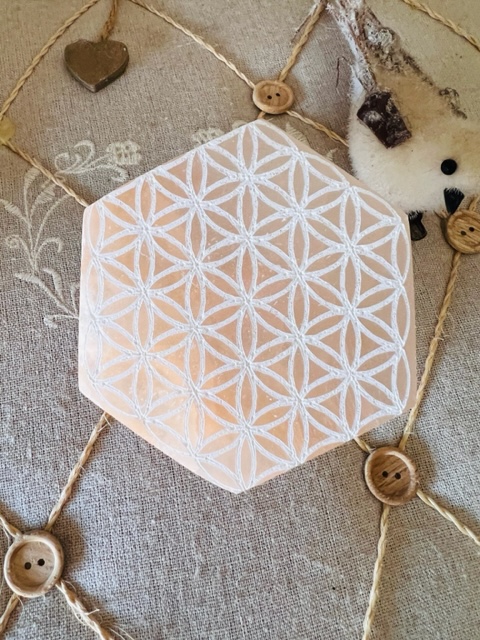 Fleur de vie en Sélénite orange forme hexagonale 10cm - Boutique La Porte des Secrets