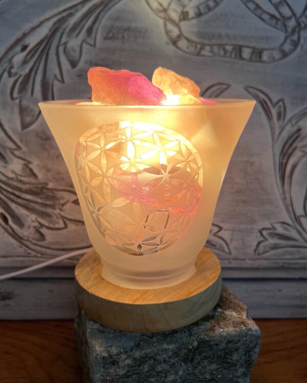 Lampe gemme Fleur de Vie avec câble et ampoule - Boutique pierres & minéraux La Porte des Secrets