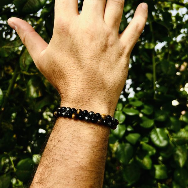 Bracelet triple protection, double tressage réglable - hématite/obsidienne/oeil de tigre perles 6mm - Boutique La Porte des Secrets