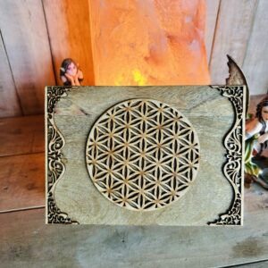 Coffret tarot ou minéraux Fleur de Vie en bois de manguier - Boutique ésotérique La Porte des Secrets