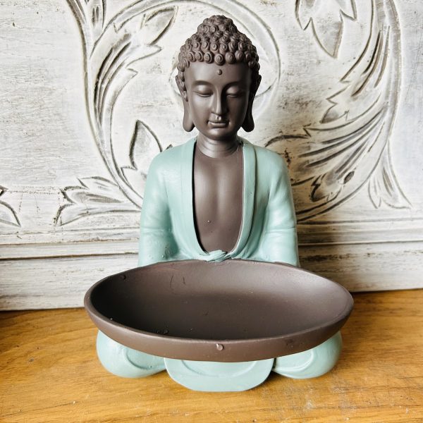 Statue Bouddha "Bodhi" vert avec Plat, hauteur 18 cm, poids 0.40 kg - Boutique ésotérique La Porte des Secrets