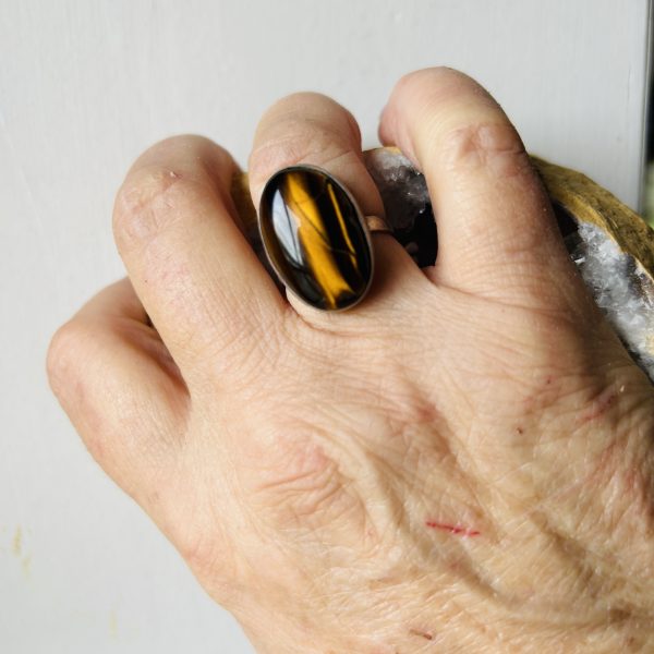 Bague œil de tigre sur argent alpaca Mexique taille réglable du 52 au 60 - Boutique de pierre La Porte des Secrets