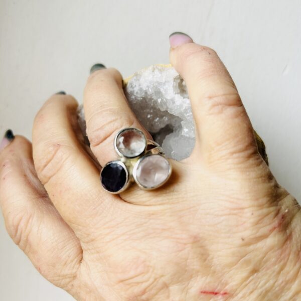 Bague trio d'or trois quartz Améthyste, Cristal de roche et Quartz rose T 53-58 - Boutique La Porte des Secrets