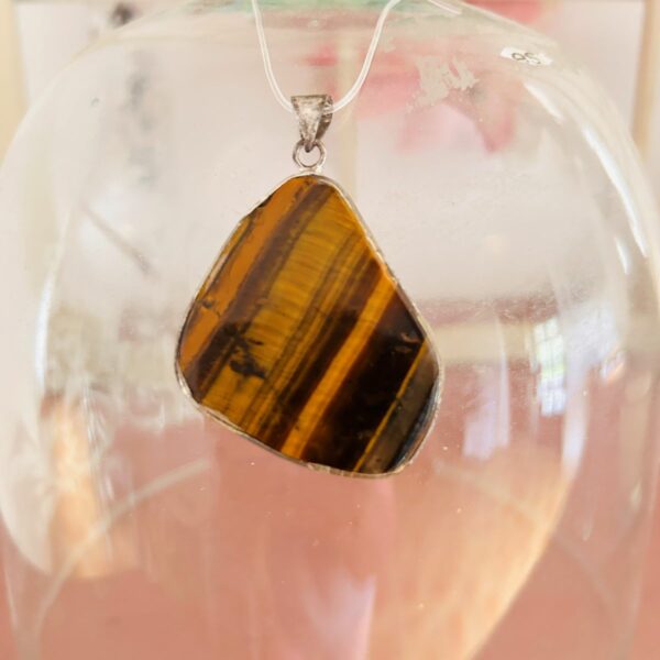 Médaillon oeil de tigre cerclé métal argenté inoxydable livré avec un cordon coton noir - Boutique La Porte des Secrets