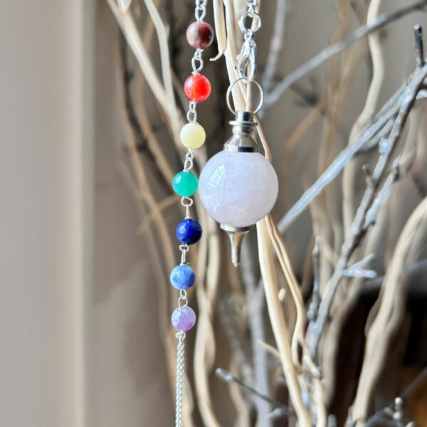 Pendule séphoron en quartz rose et chaine 7 chakras boutique ésotérique La Porte des Secrets