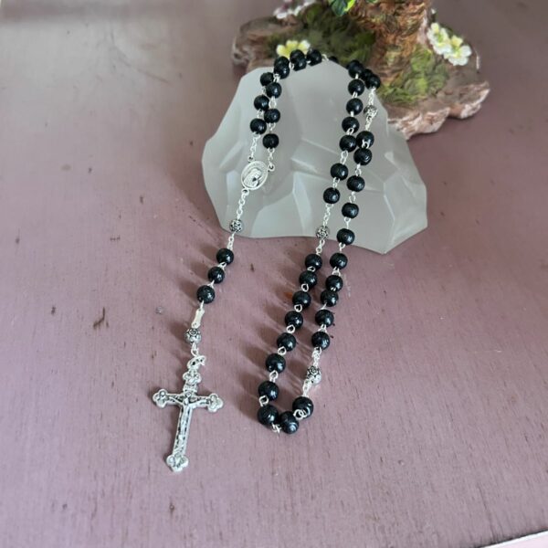 Chapelet Vierge Miraculeuse et Notre Dame de Lourdes grain noir 5 rangs, 45 cm boutique La Porte des Secrets