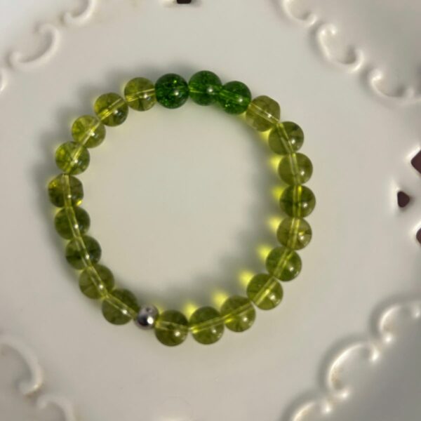 Bracelet Péridot chauffé 7.5 mm, avec 3 perles cristallisées 8mm et perle 6mm en argent 925 - Boutique La Porte des Secrets