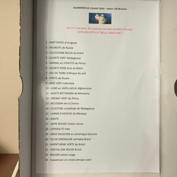 calendrier de l'avant liste du contenu coffret numéro 1. Artisanal et fait main pour les amoureux des pierres. Boutique La Porte des Secrets
