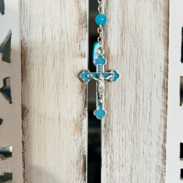 Chapelet vierge miraculeuse et Jésus perles bleus 5 rangs, 48 cm boutique La Porte des Secrets