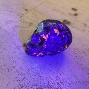 Crâne en Yooperlite (pierre de lumière) 8 cm - pierre unique dans le monde - photo sous lampe bleu - boutique pierre du monde La Porte des Secrets