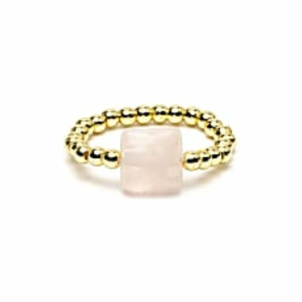Bague élastique Quartz rose naturel et perles métalliques dorées. Boutique La Porte des Secrets